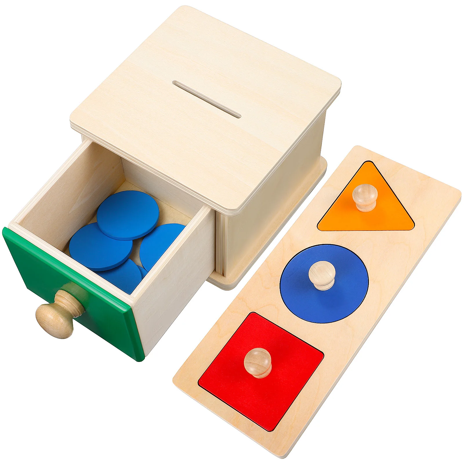 2 set di scatole per monete in legno, puzzle geometrici, blocchi di smistamento, educativi Montessori per i più piccoli, blocchi di legno