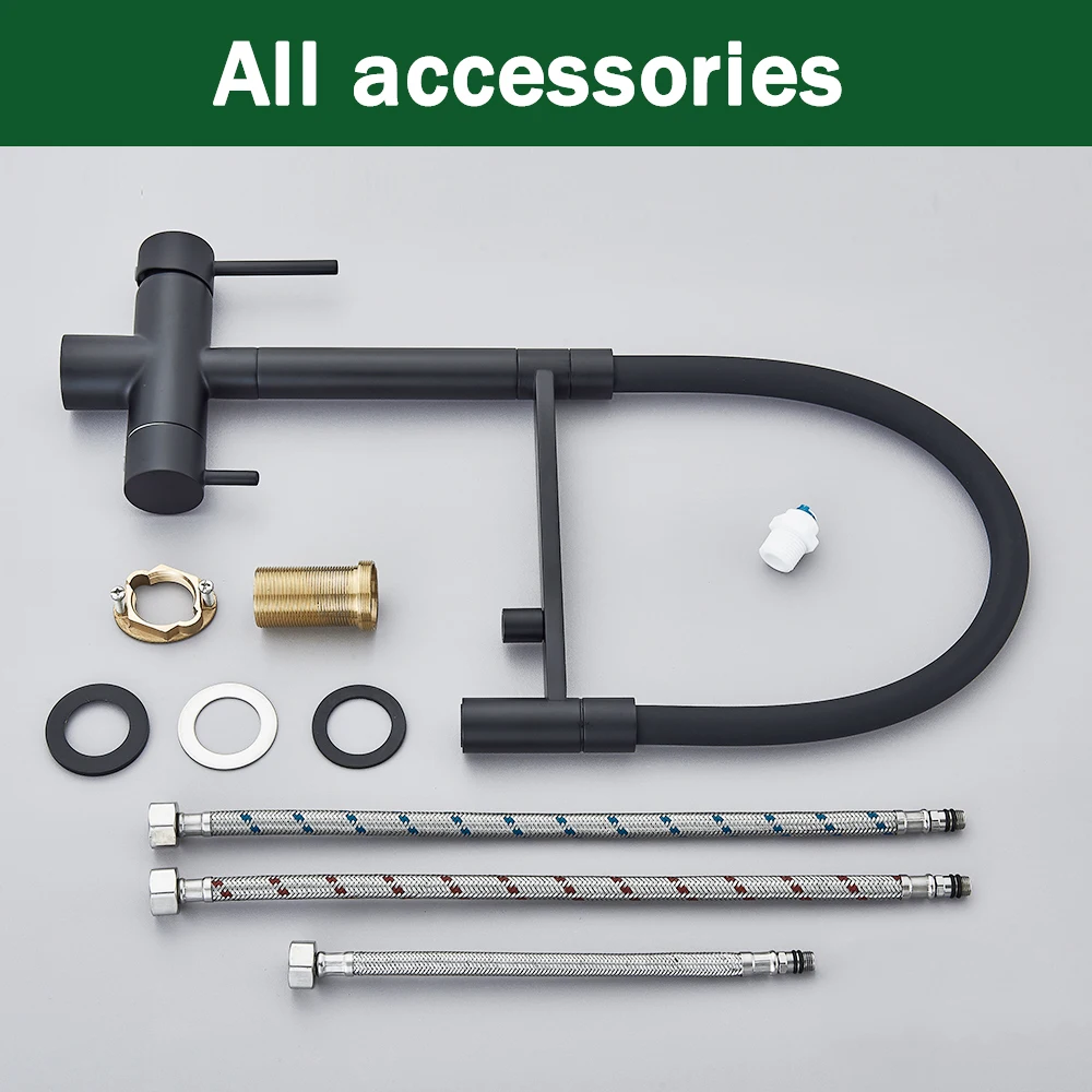 Rozin تصفية المياه المطبخ صنبور أسود سحب أسفل مرنة البخاخ الحنفيات 2 في 1 تنقية المياه النقية صنبور حوض خلاط 360 قطب