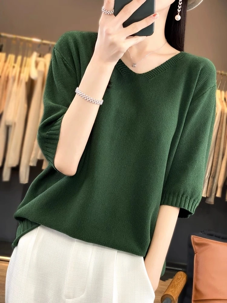 เสื้อยืดผ้าฝ้ายถักบางเบาสำหรับฤดูใบไม้ผลิและฤดูร้อน คอวี ผ้าฝ้ายผสมลินิน ทรงหลวม ไซส์ใหญ่ สำหรับผู้หญิง ชิงเต่า 24