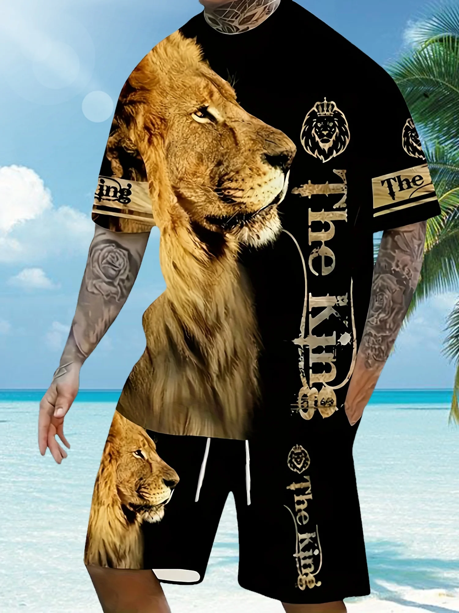 

Мужская модная футболка с 3D цифровой печатью Lion, дышащие летние шорты, повседневный костюм с круглым вырезом