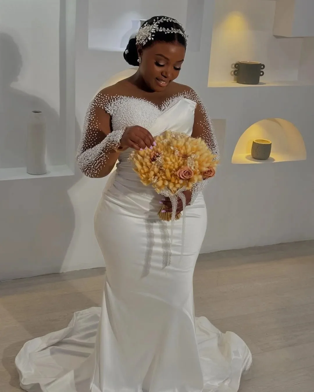 Vestido de casamento africano personalizado plus size sereia vestidos de casamento cristais pérolas vestidos de noiva 2026