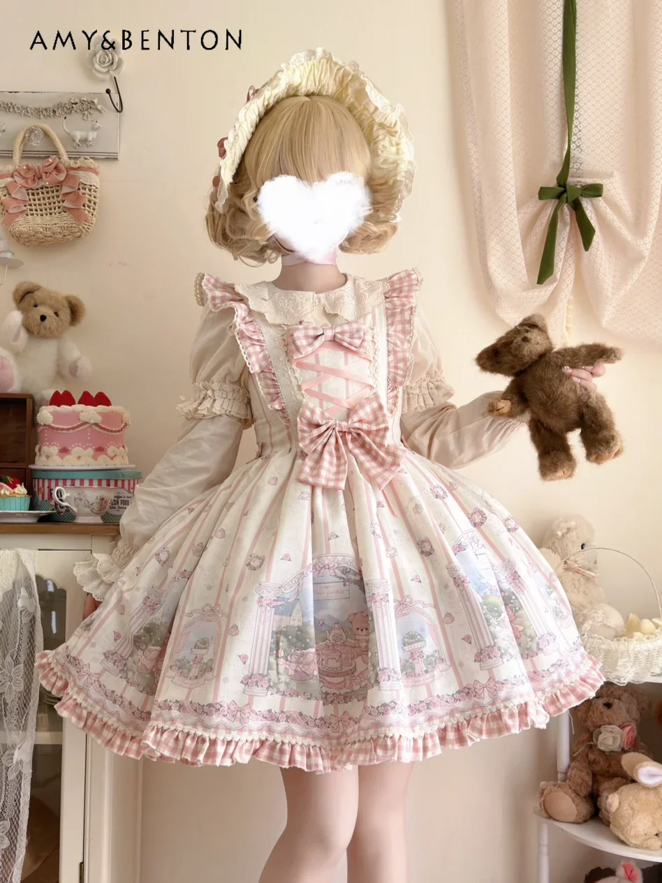 

Bear Picnic Lolita JSK Dress Summer Sweet Cute Cartoon Print Bow Ruffle Edge Sleeveless Ball Gown Dresses Kawaii Princess Dress