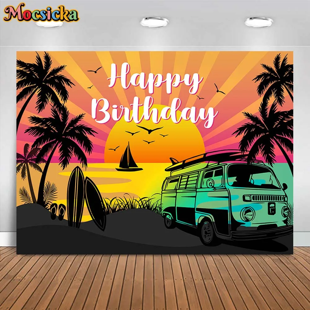 Mocsicka-Fondo de cumpleaños para adultos y niños, telón de playa con Palmera, surf de verano, decoración de fiesta de vacaciones, accesorios de estudio fotográfico