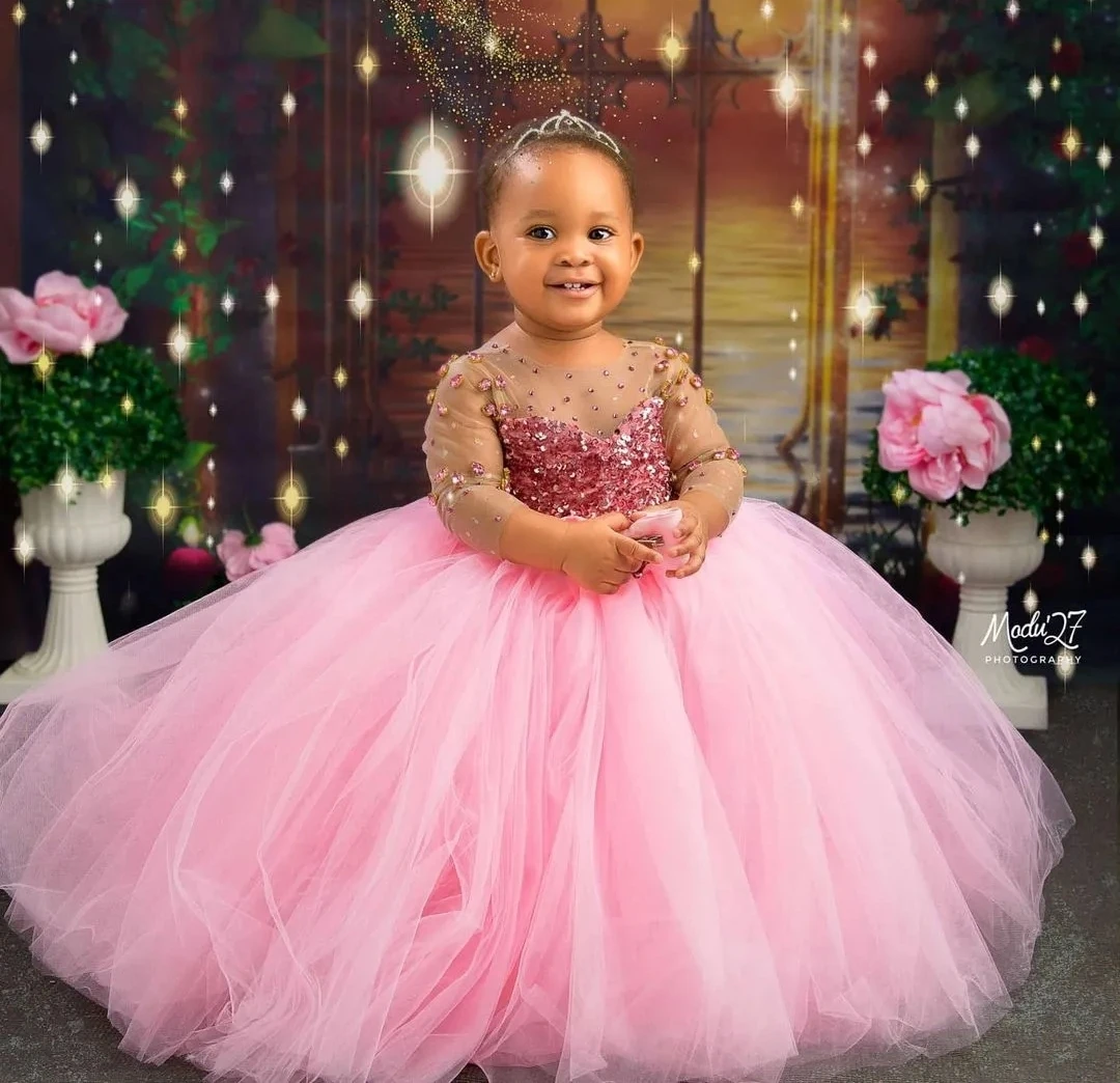 

Pink African Flower Girl Dresses Ball Gown 3/4 Sleeves Crystals Baby Little Girl Peageant Dress Gowns For Black Girls