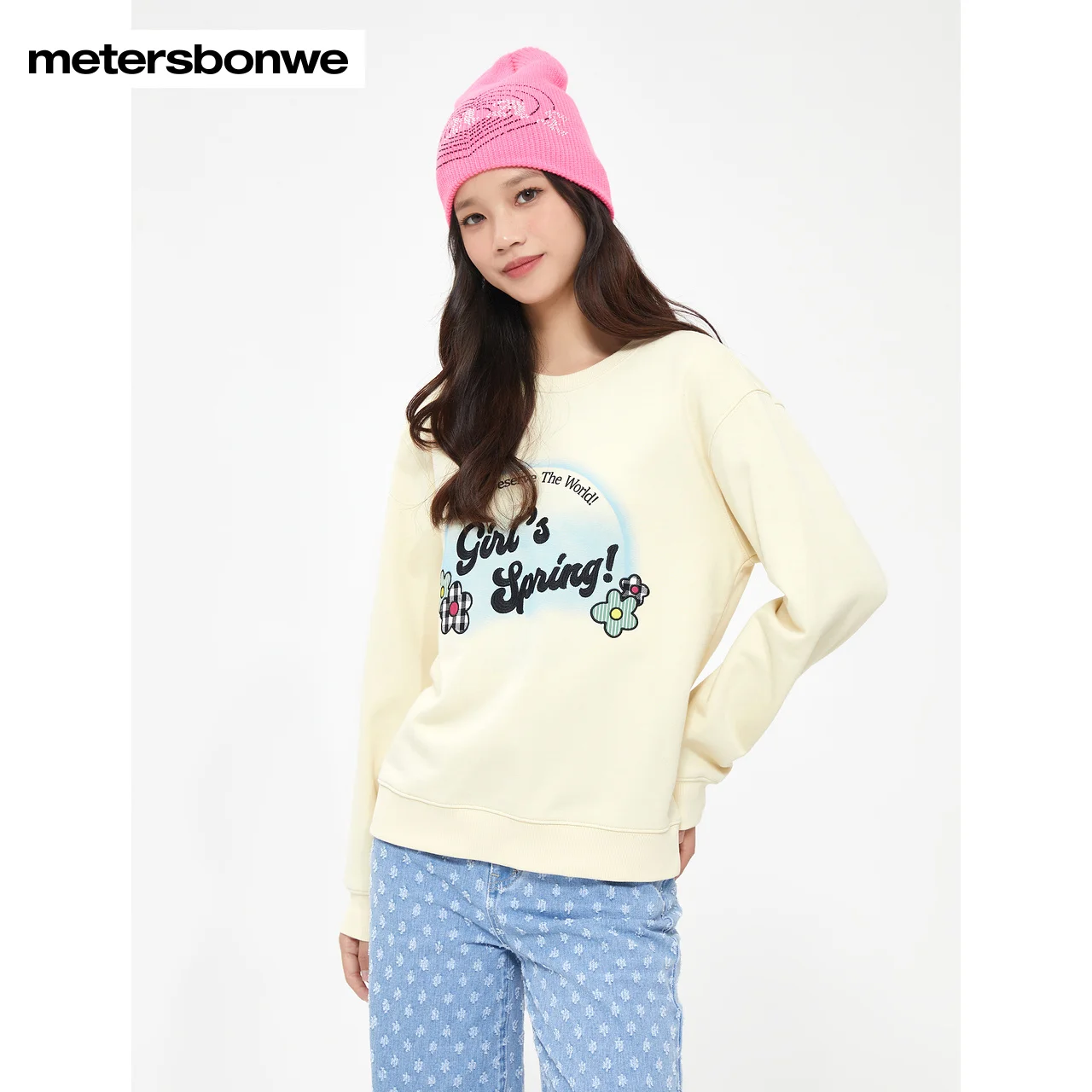 Metersbonwe-Felpa con cappuccio corta stampata alla moda da donna, manica lunga, colletto tondo, felpa ampia, top casual per campus giovane