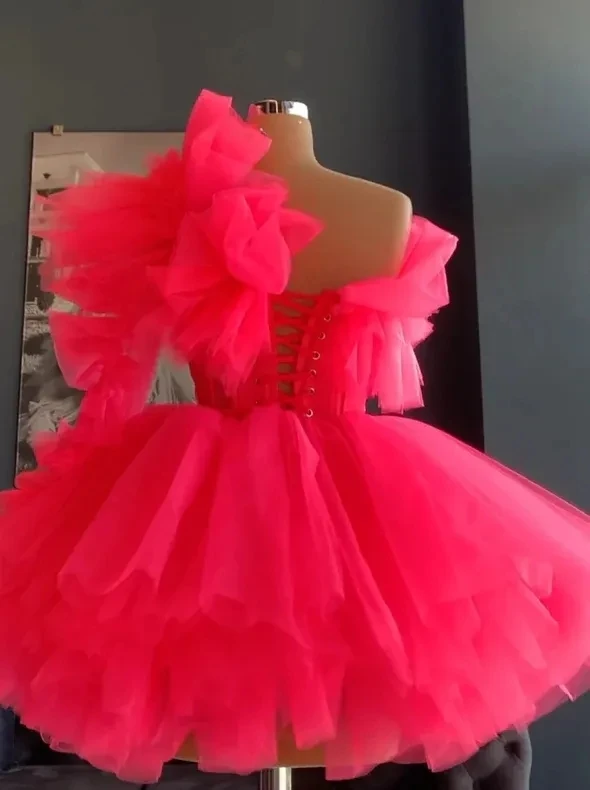 Vestidos de tul con volantes rosas únicos, vestidos de regreso a casa, un hombro descubierto, deshuesado corto, vestidos de graduación, Mini largo, ropa de fiesta de cumpleaños