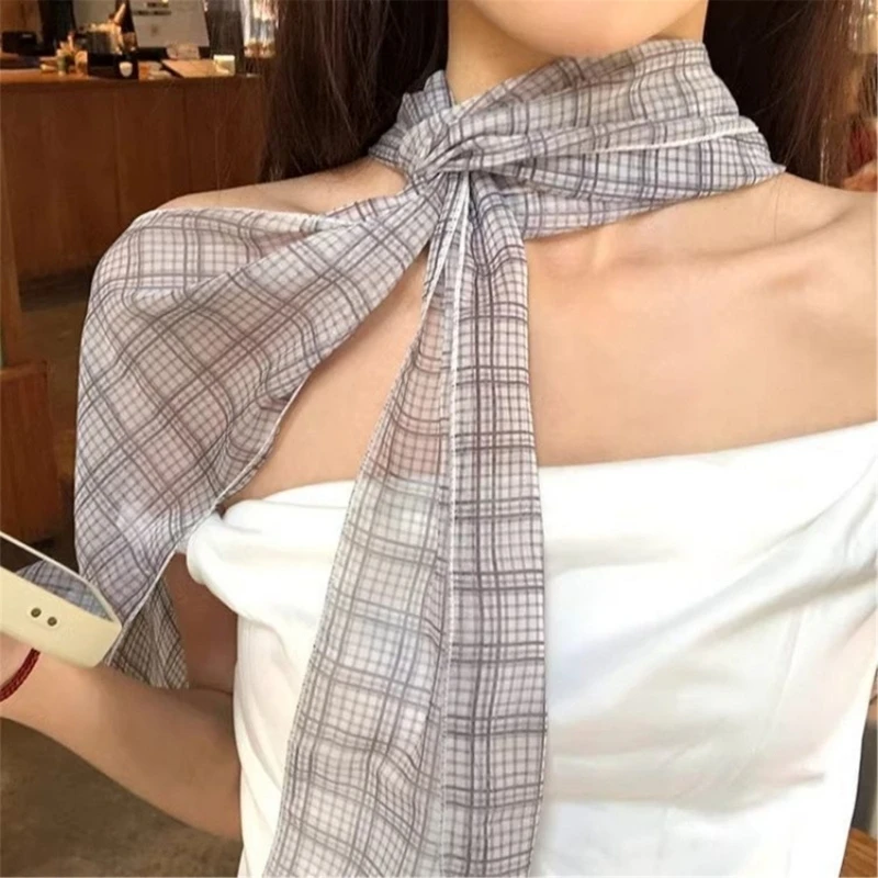X5XA Checkered Scarf for Women Long Skinny Belt Necktie Neck Scarf Girls Photo Props