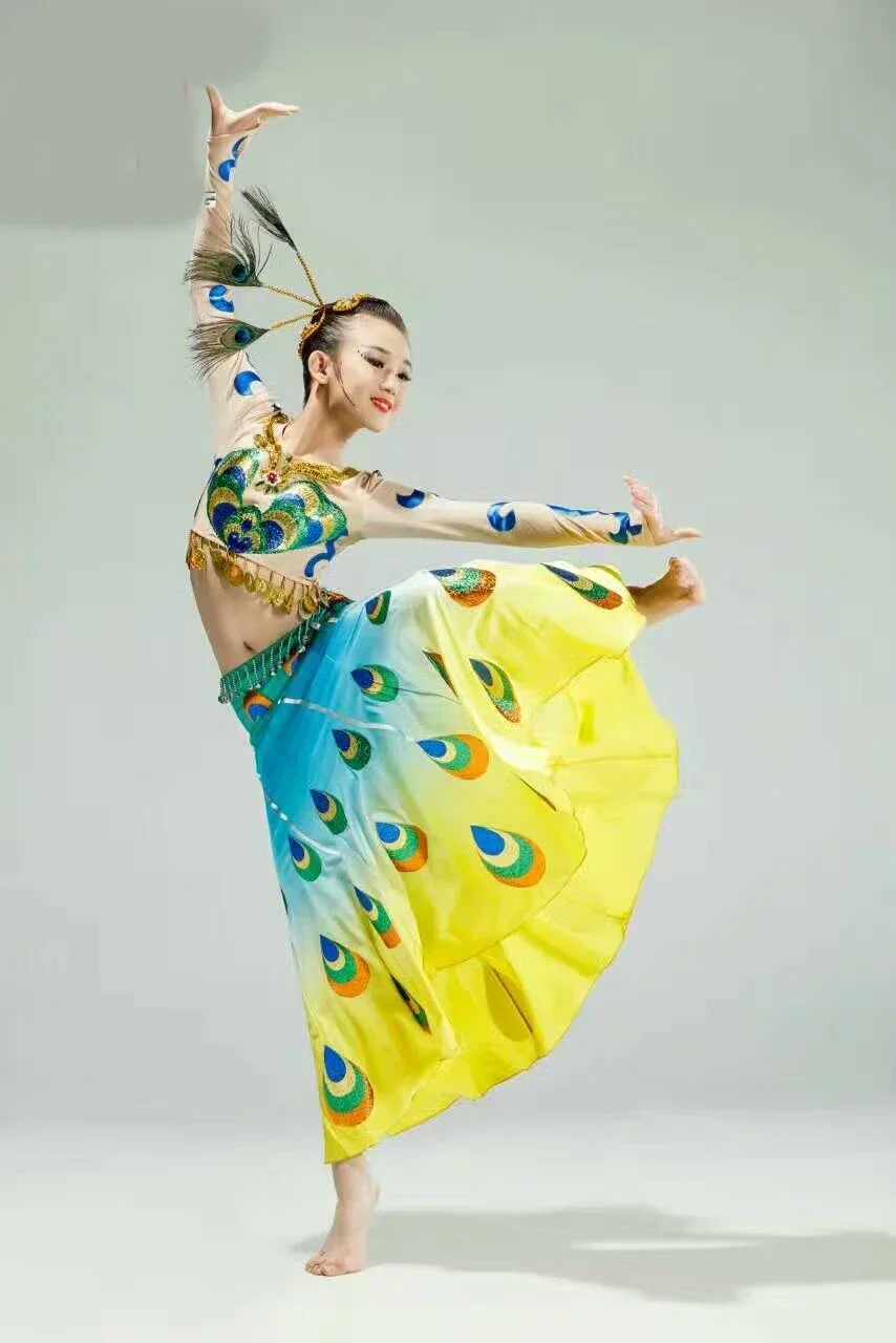 

Girl's quality new dance long skirt Dai dance costume national classical costume Peacock dance costume top+skirt+headgear set