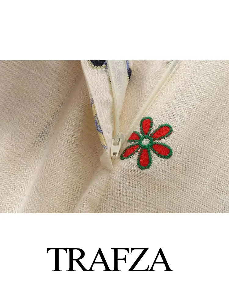 TRAFZA 2024 camicia Casual ricamata a fiori retrò da donna estiva Set da 2 pezzi pantaloni a gamba larga da strada da donna a vita alta TRAF