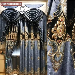 European Luxury Embroidery Retro Curtains For Bedroom Living Room Villa Palace Blue Door Window Drapes Water Soluble Blackout