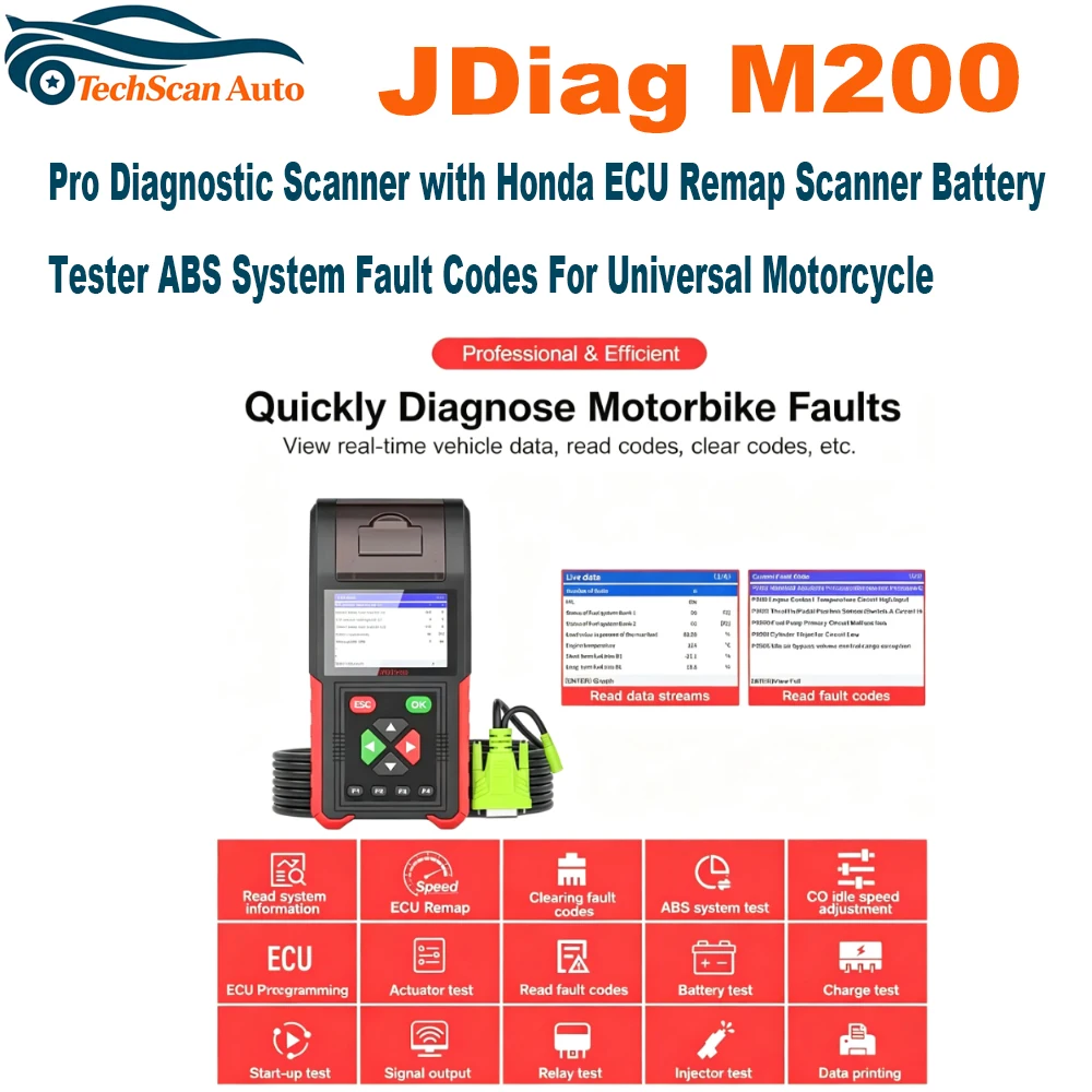 Jdiag M200 Pro Motorcycle OBD Scanner Motor Diagnostic Tools for Honda Battery ABS Tester for Yamaha KTM KAWASAKI