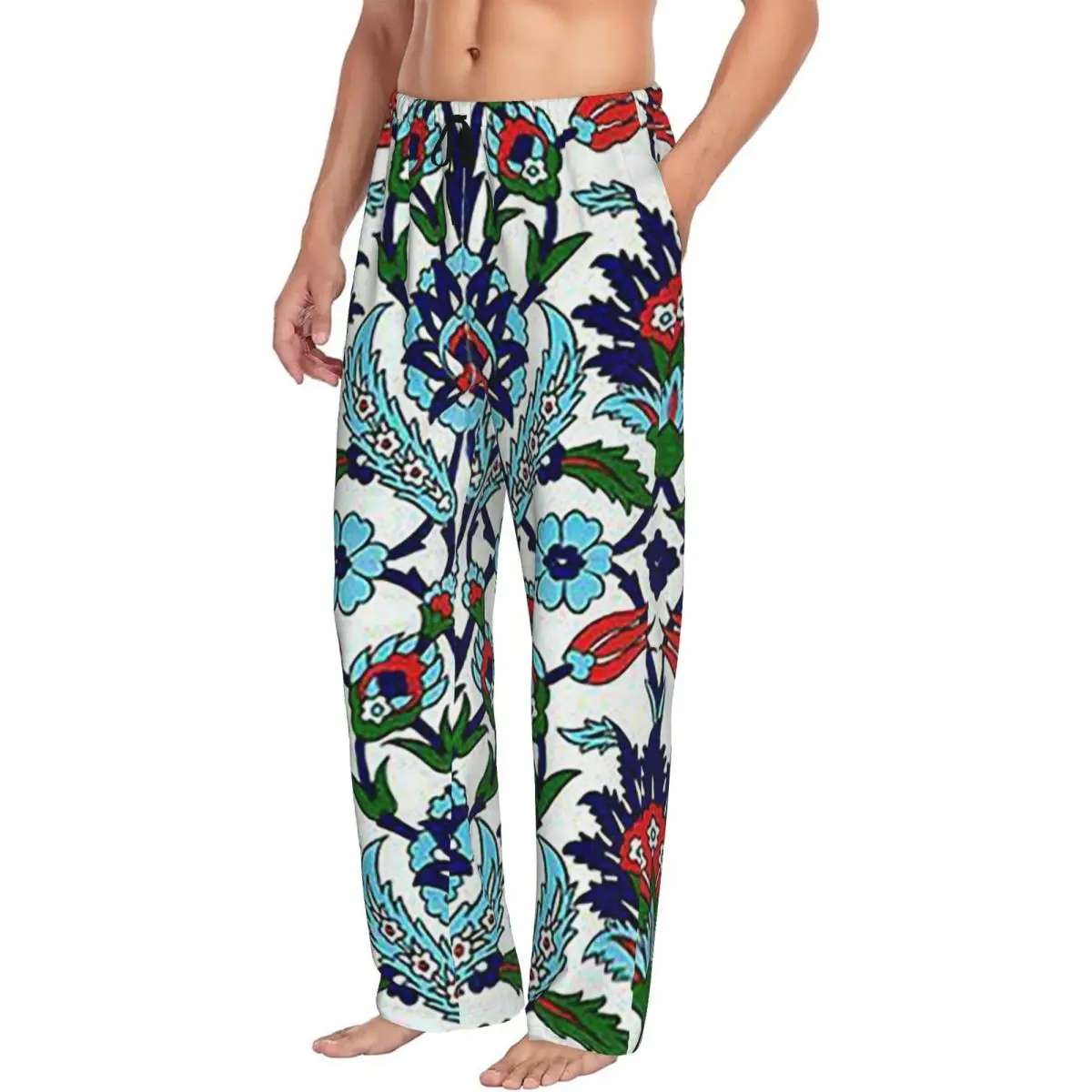 Custom Turkish Iznik Floral Pajama Pants Men Sleepwear Sleep Lounge Bottoms with Pockets