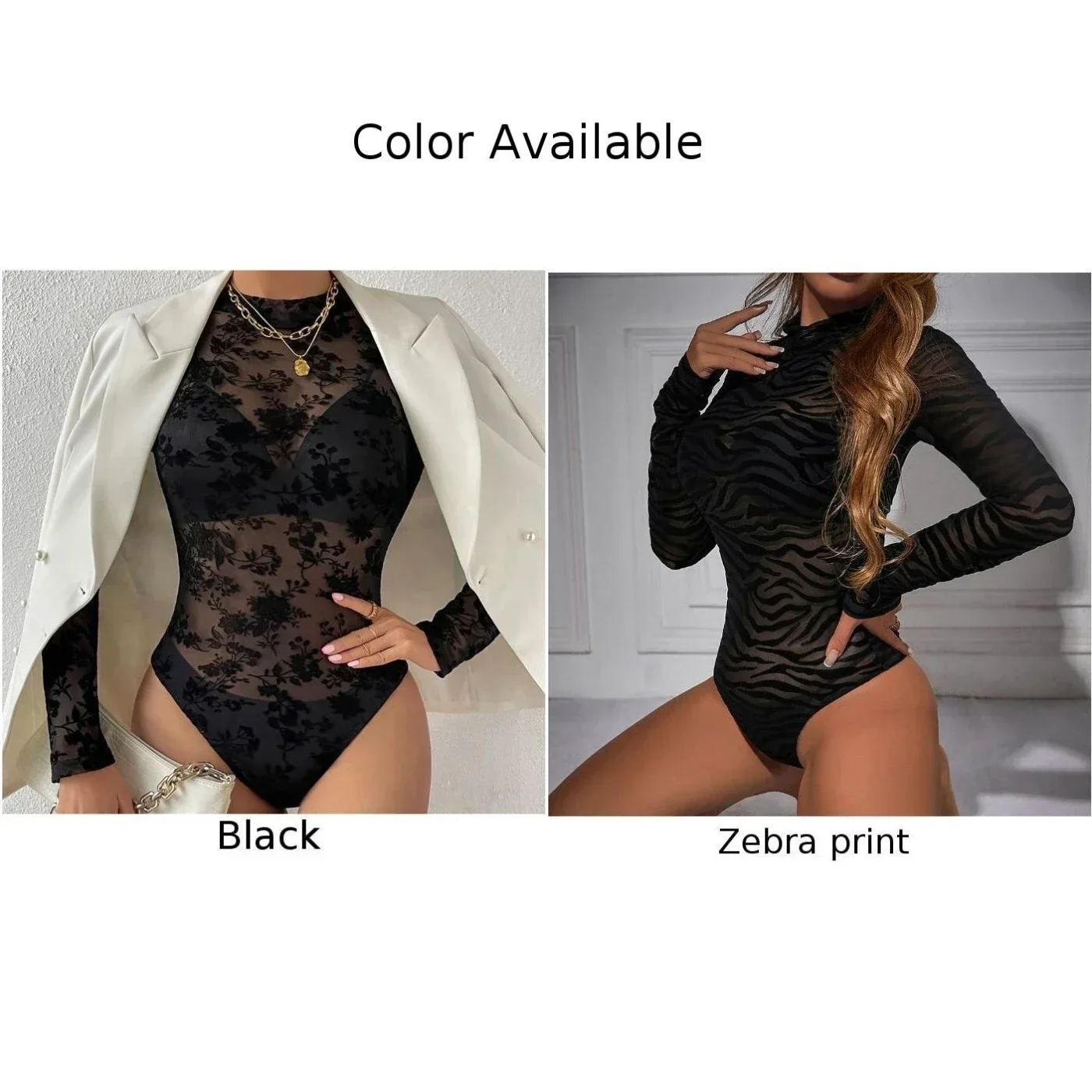 Women\'s Lace See Though Bodysuits Long Sleeve Solid Color Romper Bottom Thin Sexy Nightclub Jumpsuit Tops