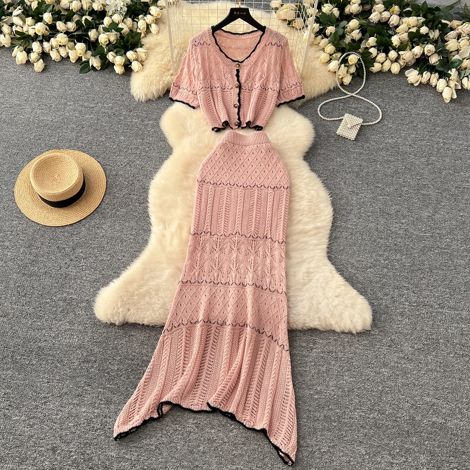 Women Hollow Out Knit Suits Hook Flower Round Neck Short Knitted Tops + High Fanny Pack Hip Skirt Clothing Sets