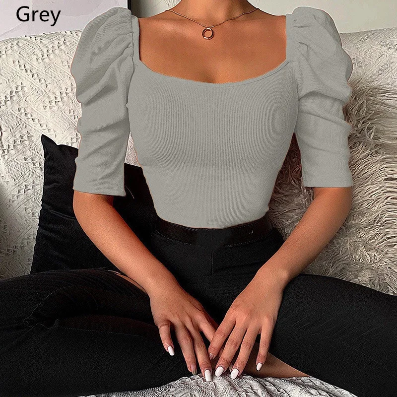 HONGHANYUAN Women Tops 8 Colors Slim Puff Sleeve Top Pure Color Square Collar Crop Top Short Sleeve T-shirt Size S-3XL