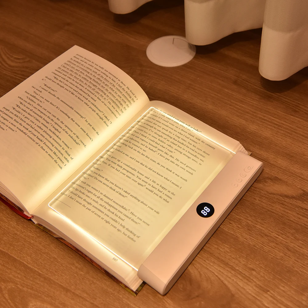 Luminária de Livro Acrílica Plana, 3 Temperaturas de Cor e Dimerização Contínua, Lente Resistente ao Desgaste, Lâmpada de Leitura com Carregamento USB para Quarto