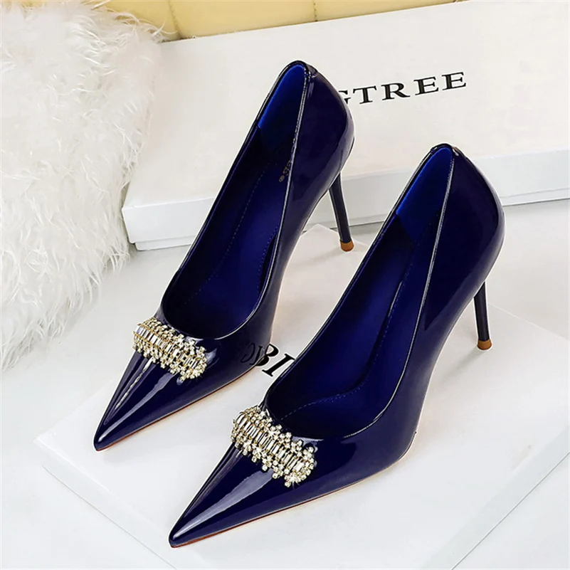 Women Fetish 9.5cm High Heels Nude Pumps Wedding Bridal Stiletto Sexy Royal Blue Leather Heels Lady Scarpins Crystal Party Shoes