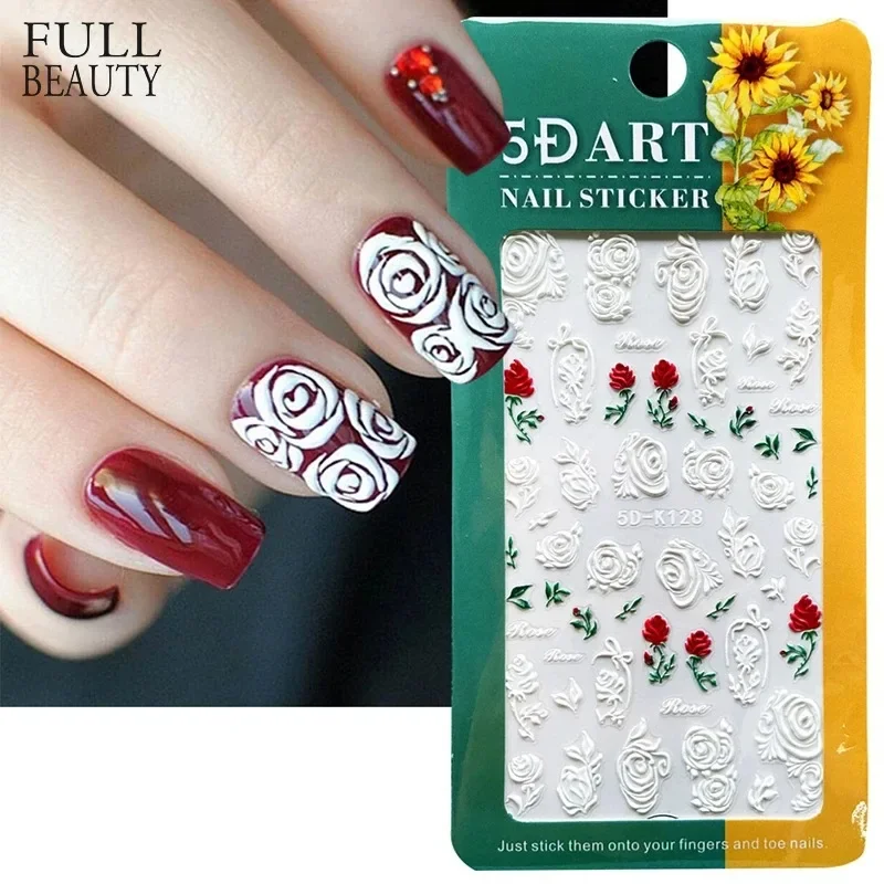 White Rose Valentine's Day Resin Carved 5D Craft Nail Art Stickers New Year Adhesive Stickers Nail Supplies Florasis Decorations