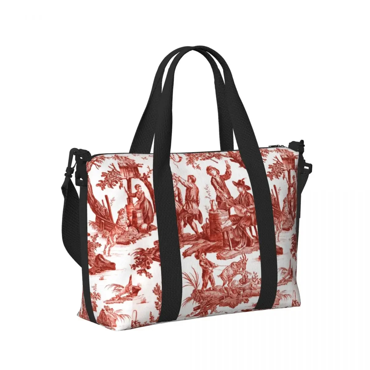 مخصص الأحمر والأبيض تويلي دي جوي البقالة حقيبة تسوق حقائب النساء سعة كبيرة الزخارف الفرنسية الأزهار شاطئ رياضة حقائب السفر