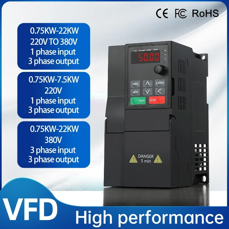 5,5 KW VFD Frequenzumrichter 220V Auf 380V – Einphaseneingang, Dreiphasenausgang, 0–400 Hz