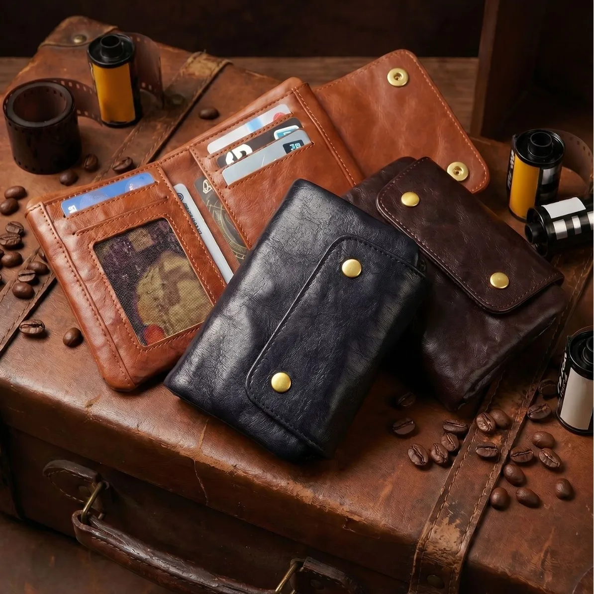 Vintage Full-Grain Leather Snap Wallet Multi-Slot Trifold Purse with Zipper Pocket, Retro EDC Organizer Wallets for Cards & Cash