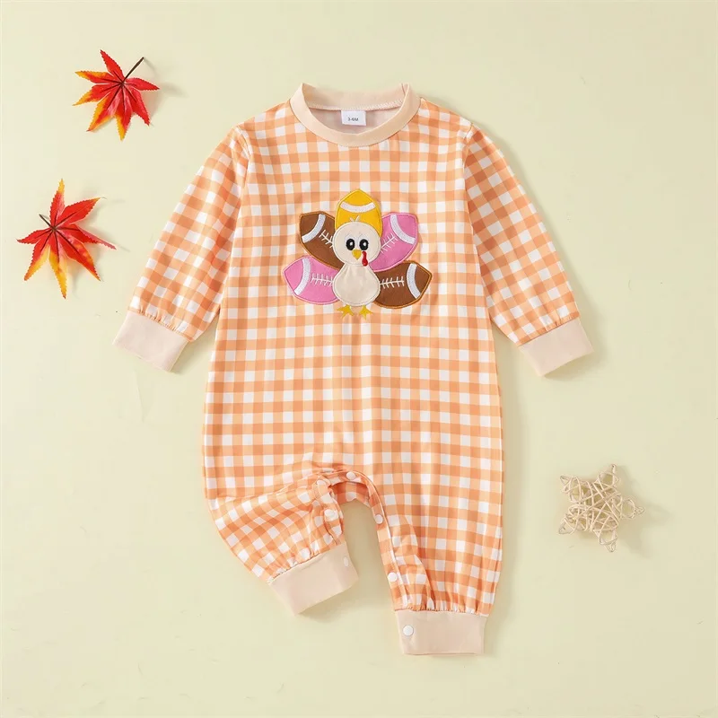 

Baby Girl Boy Thanksgiving Romper Plaid Turkey Embroidery Long Sleeve Full Length Jumpsuit for Fall Winter