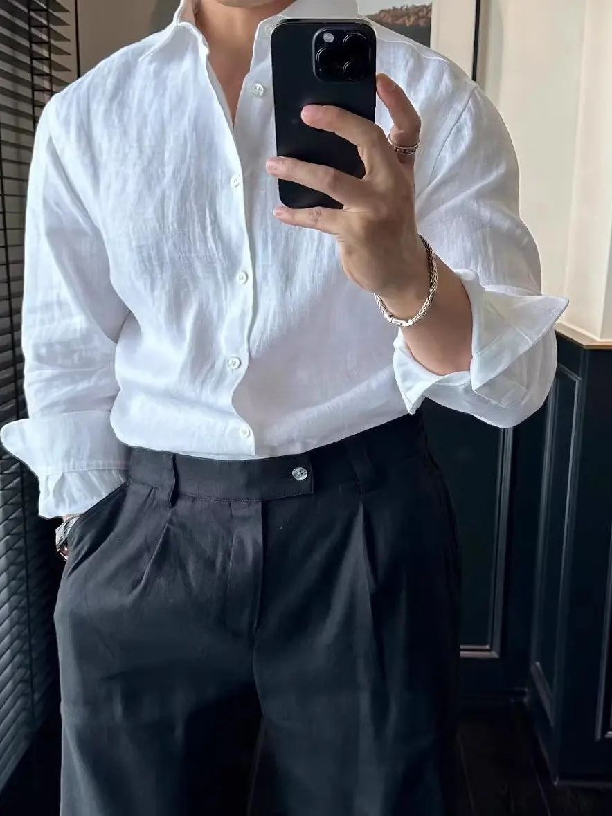 

New 2025 Men's Casual Pure Linen Long Sve irt Comfortable Breathable Moisture Absorbent Faionable Loose Feeling Summer...