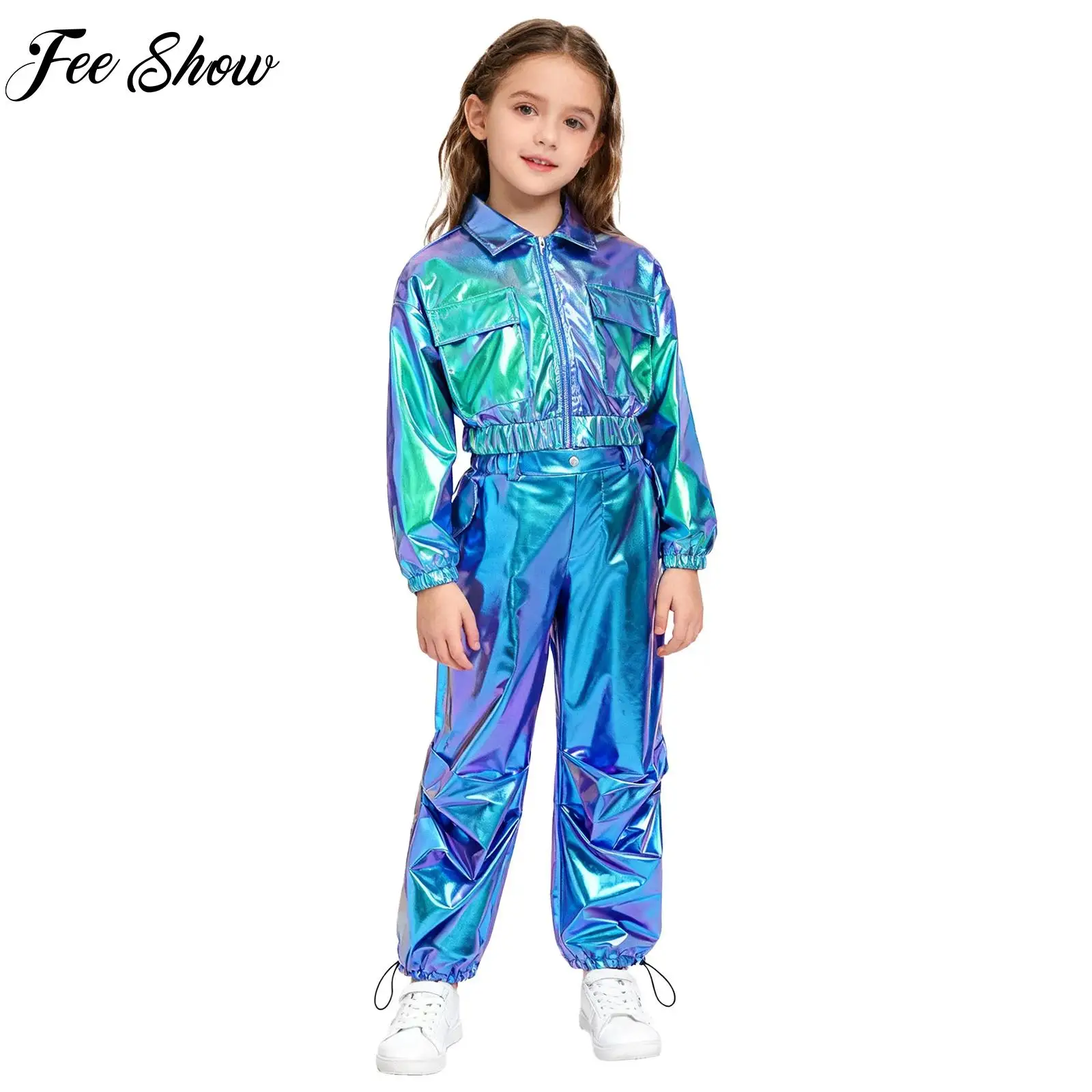 

Детская клубная одежда для мальчиков и девочек, наряд для выступлений в стиле джаз, хип-хоп, танцевальный костюм, металлическая куртка с длинными рукавами + блестящие брюки-карго, комплект из 2 предметов