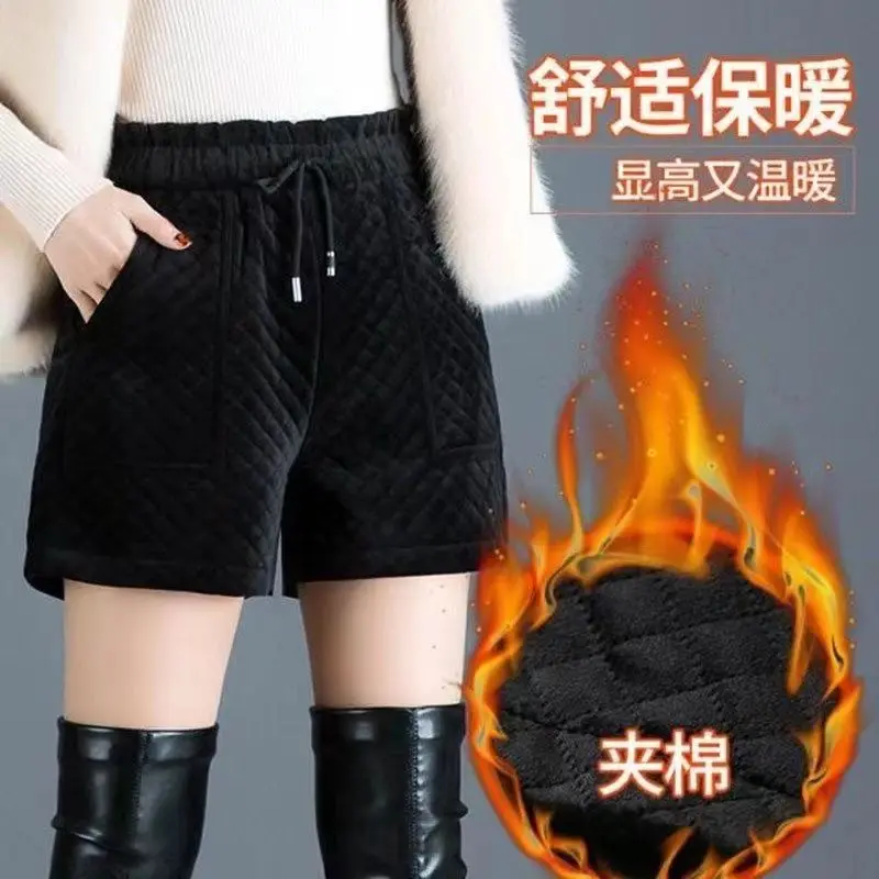 2024 New Vintage Pocket Women Clothing Solid Color Winter Thick Warm Elastic Waist Shorts Ladies Fashion Lacing Straight Pants