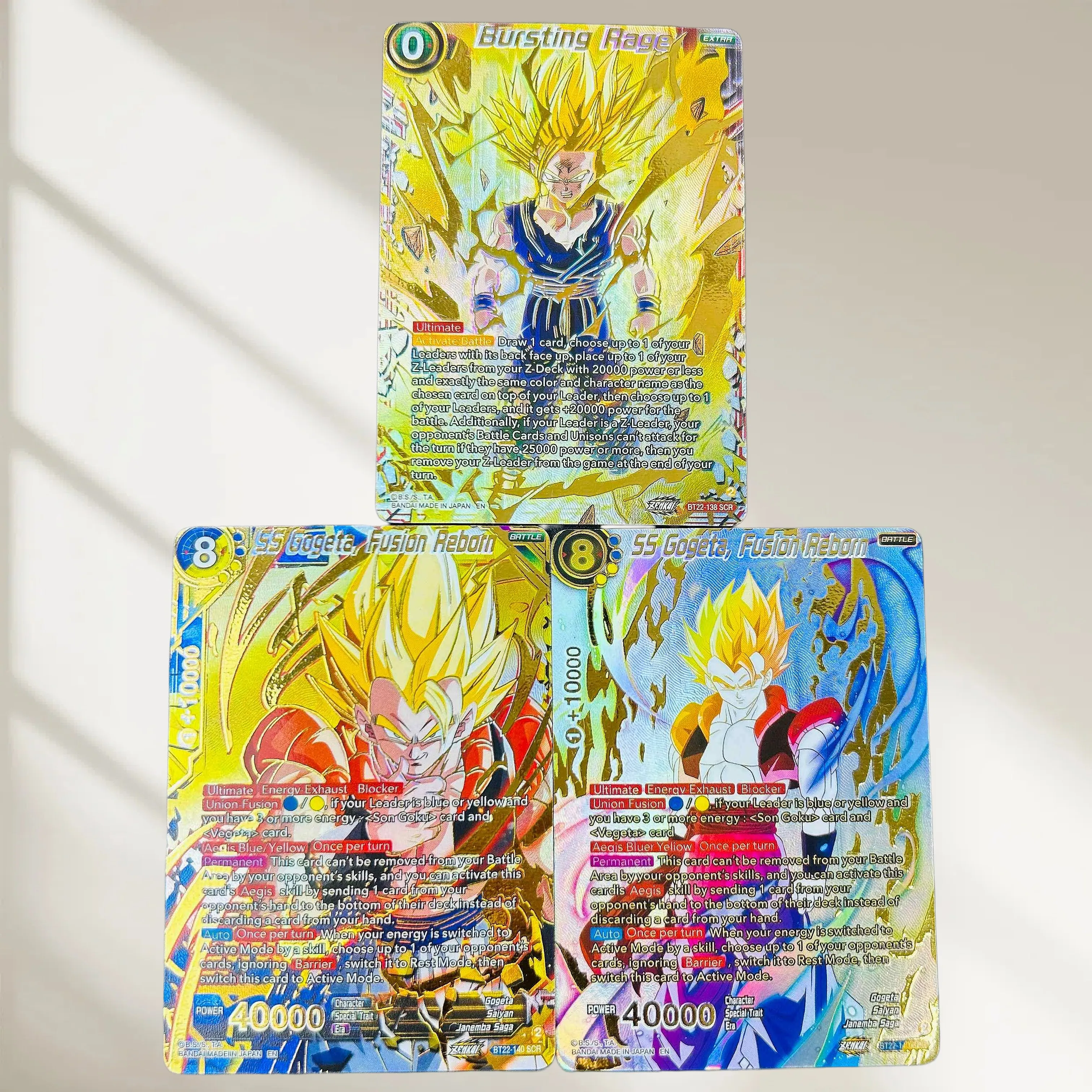 DIY 3 piezas Dragon Ball Bursting Rage Gogeta y Son Gohan Tarjetas Flash con Textura de Lámina Dorada, Coleccionable Clásico de Anime TCG