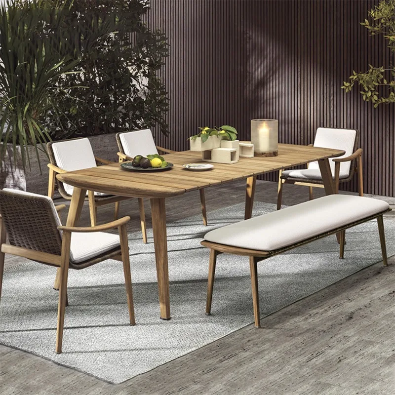 

Outdoor tables and chairs teak villa terrace leisure preservative wood dining table rattan chairs outdoor courtyard garden