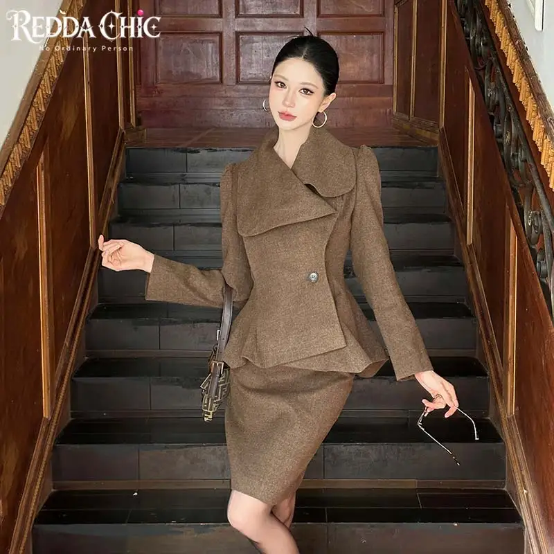 ReddaChic Fall Winter Women's Cropped Jacket Skirt Suit Retro Tweed Knee Long Bodycon Asymmetric Blazers Elegant Woman Clothes