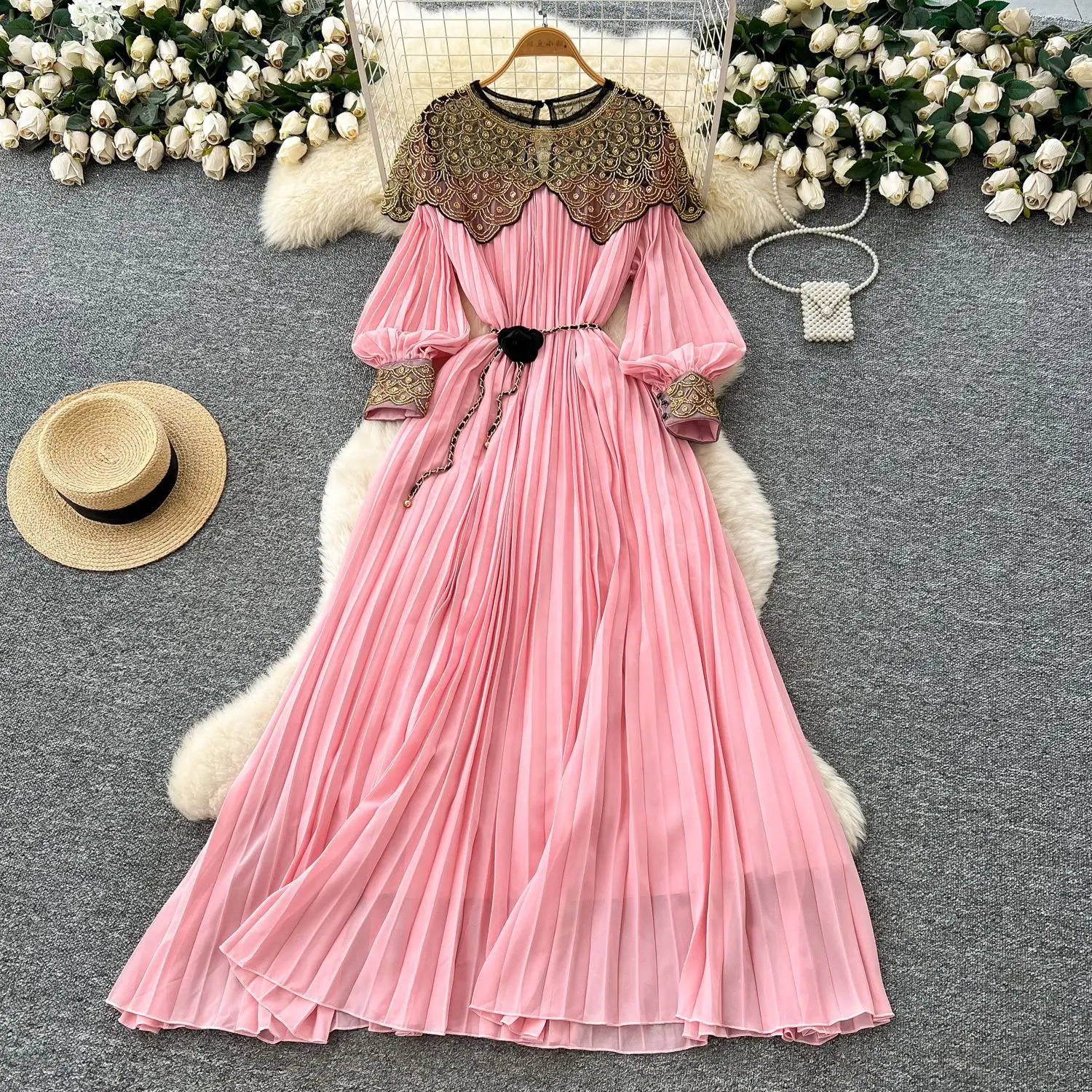 

Women Long Pleated Dresses A Line Dress Spliced Mesh Shawl Long Sleeves Maxi Lenth Straight Office Lady Casual 2025 Autumn