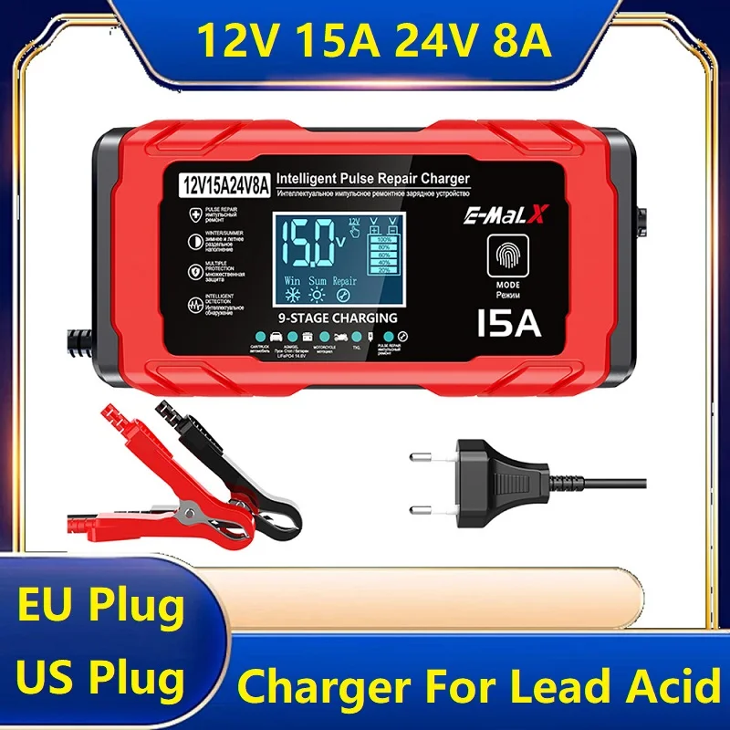 

AGM GEL Battery 14.6V 15A Lifepo4 Battery Smart Pulse Repair Charger 12V 15A 24V 8A Electric Motorcycles Charger For Lead Acid
