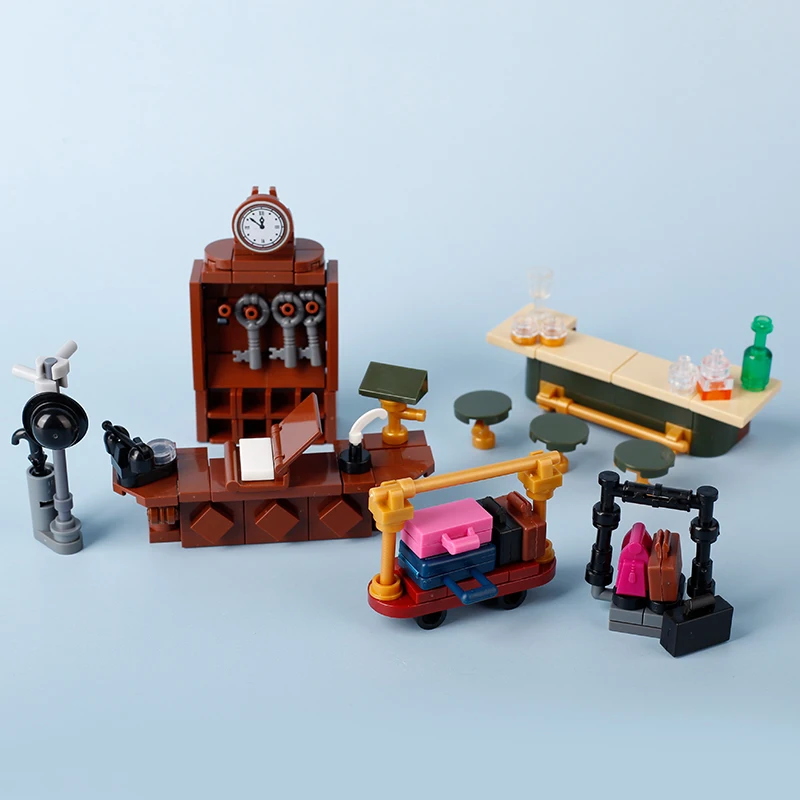 MOC Medieval Town Hotel Lobby Front Desk Building Blocks Kit Baggage Trolley Coat Rack Key Cabinet Bricks Toys Kids Gift