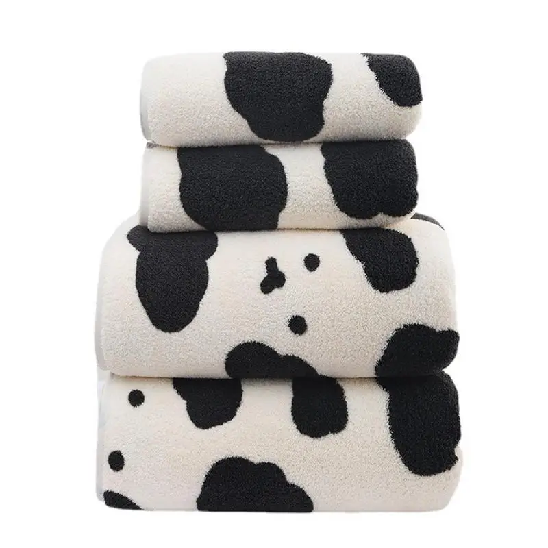 Cute Cow Coral Fleece Towel Set For Hands And Body Soft LightweigtUltra Soft Towel Set Highly Absorbent Quick Dry Shower Towels