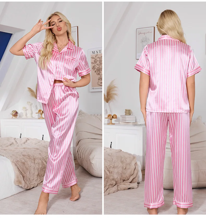 Primavera novedad de verano conjunto de pijamas femeninos raya rosa camisa de manga corta trajes de pantalón ropa de dormir ropa de casa de satén de seda suelta ropa de descanso