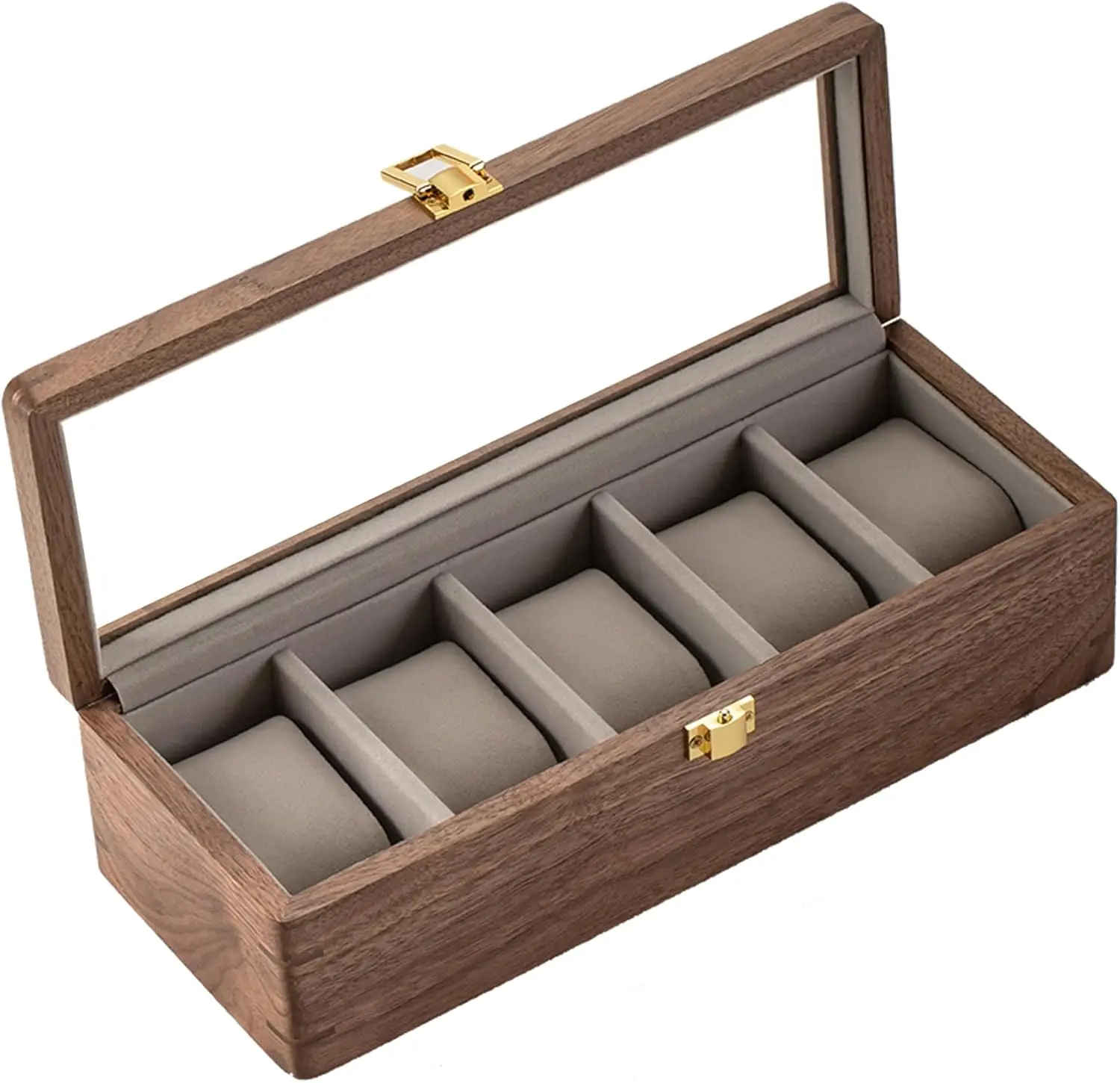 5-Slot Walnut Wood Watch Display Box with Glass Lid and Velvet Pillow, Ideal Gift for Men