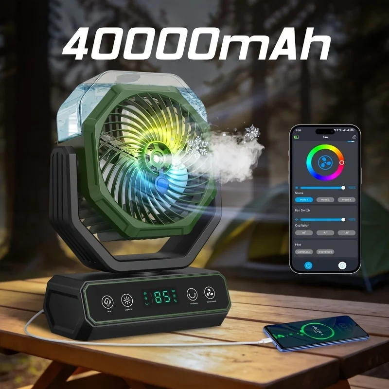 

Portable Spray Fan With 7-Color RGB Lights, 40, 000mAh USB-C Fast Charge, Silent Cooling 30dB, Timer & Emergency Power, Home