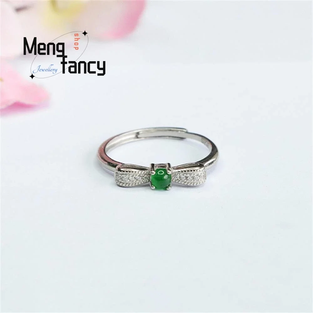 

S925 Silver Lnlaid Natural Jadeite In Ice Type Imperial Green Ring Exquisite Elegant Simple High-grade Luxury Quality Jewelry