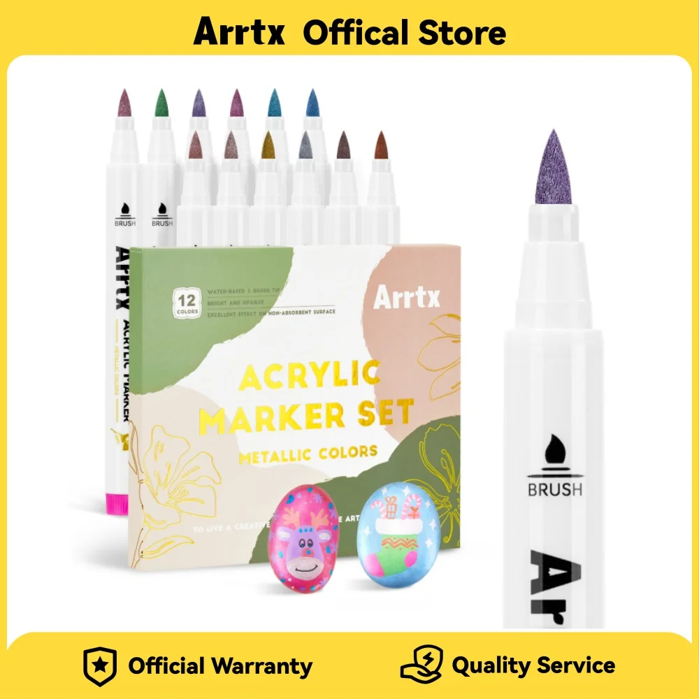 

Arrtx 12 Colors Metallic Acrylic Paint Pens Extra Fine Tip Metallic Brush Marker for Rock Painting Ceramic Glass Canvas Wood
