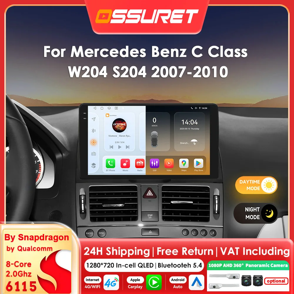 9 "2DIN Carplay Android 14 Auto radio für Mercedes Benz C-Klasse W204 S204 2007-2010 multimedia 6115 8Core Autoradio 360 Cam bildschirm