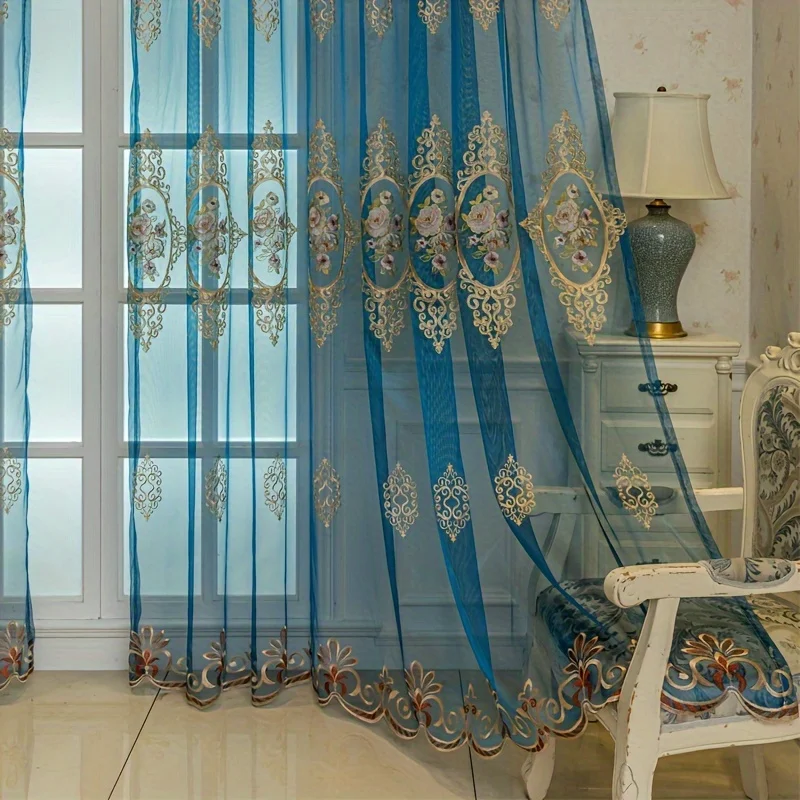 1pc Royal Blue Court Style Rose Embroidered Sheer, Gold Hollow Lace Light Filtering Voile, Luxury Drapes for Living Room Bedroom