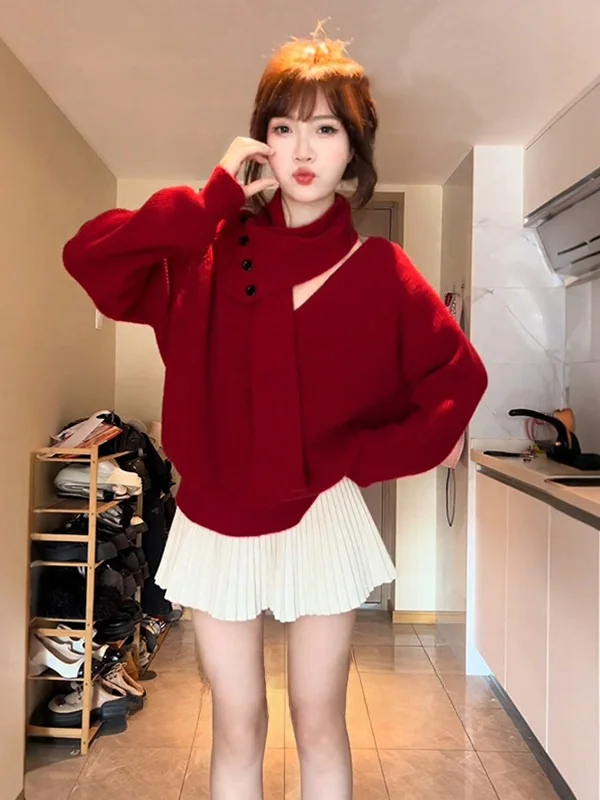 

Красный вязаный свитер Cisas для женщин: свободный, теплый, мягкий, уютный, осенне-зимний, новый, повседневный, модный, нежный топ