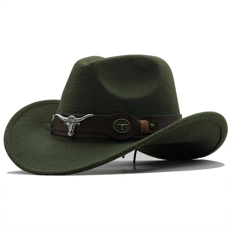 Heißer Verkauf Ethnischen Stil Kuh Logo Western Cowboy Zylinder Mit Gerollter Krempe Retro Reiten Hut Wollfilz Hut – Detail 7