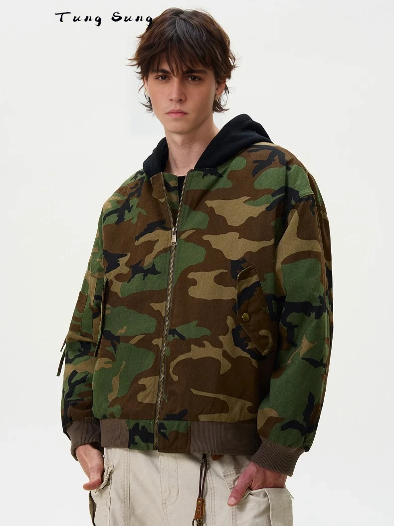 Tung Sung Camouflage Thickened Cotton-padded Coat Contrasting Hooded Jackets Street Wear Puffer Jacket