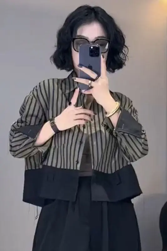 

Retro Hong Kong Style Shirt for Women 2025 Spring New Product POLO Collar Short Striped Top