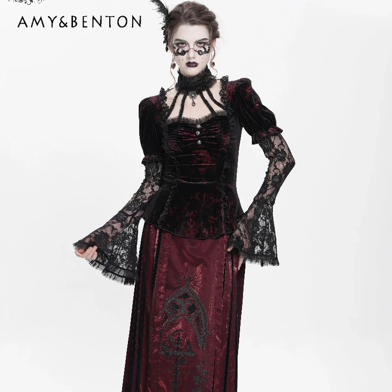 

Gothic Lace Hollow Out Splicing Velvet Women's Top American Retro Sexy Sweet Cool Versatile Slimming Flared Sleeve Tops Ladies