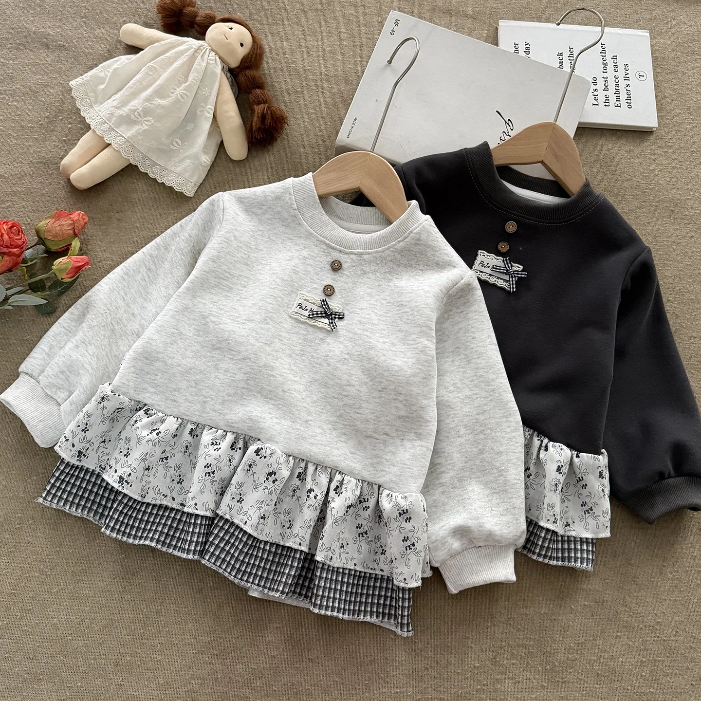 Autumn Fake Two-Piece Spliced Girls Sweatshirt Floral Plaid Ruffle Long Sleeves Kids Pullover for Girls 2026 New Children Top
