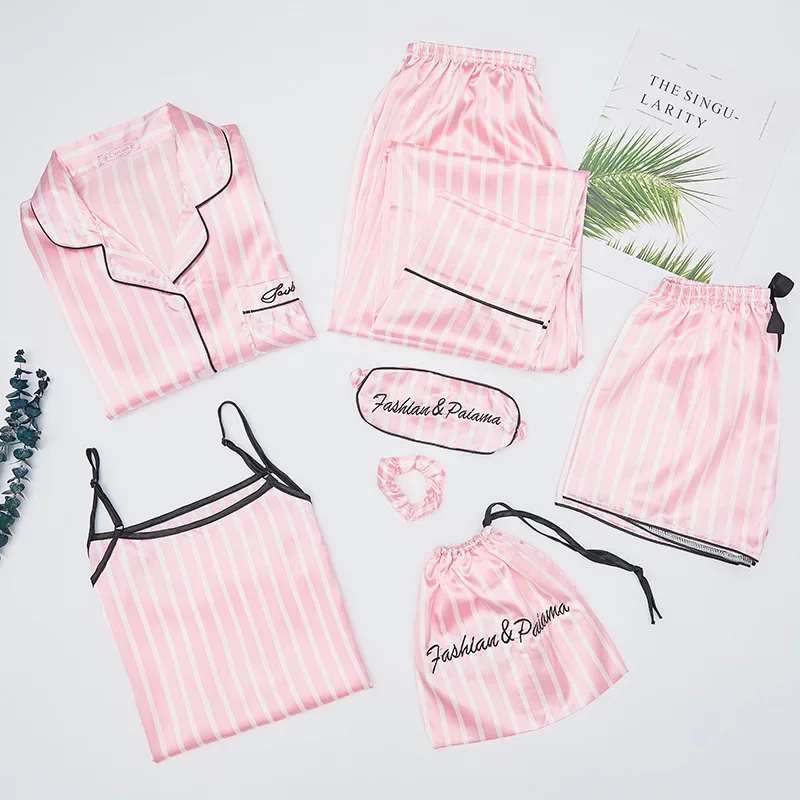 Pink 7 Pieces Women's Pajamas Sets Faux Silk Striped Pyjama   Sleepwear  Spring Summer Homewear